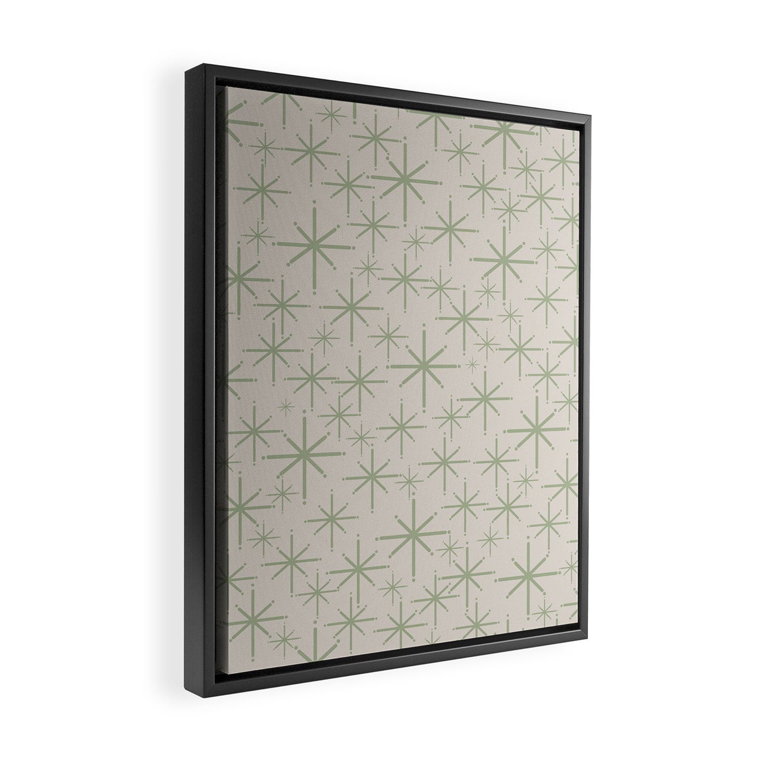 Mid Century Modern Twinkling Retro Starbursts in Sage Green and Beige Framed Canvas Print Gallery Image 2