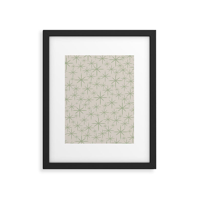 Mid Century Modern Twinkling Retro Starbursts in Sage Green and Beige Framed Art Print Gallery Image 6