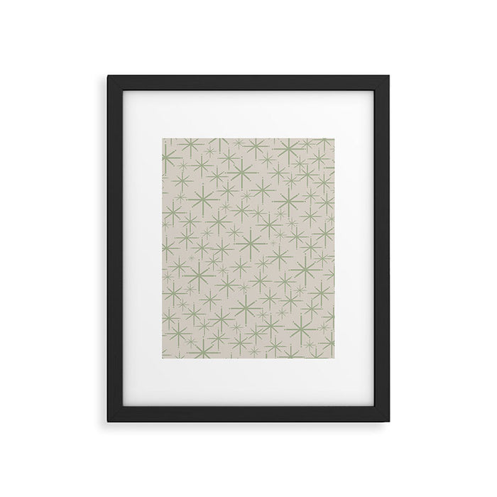 Mid Century Modern Twinkling Retro Starbursts in Sage Green and Beige Framed Art Print Gallery Image 1