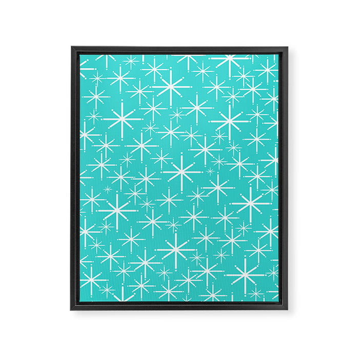 Mid Century Modern Twinkling Starburst Pattern in Robins Egg Turquoise Blue and White Framed Canvas Print Gallery Image 1