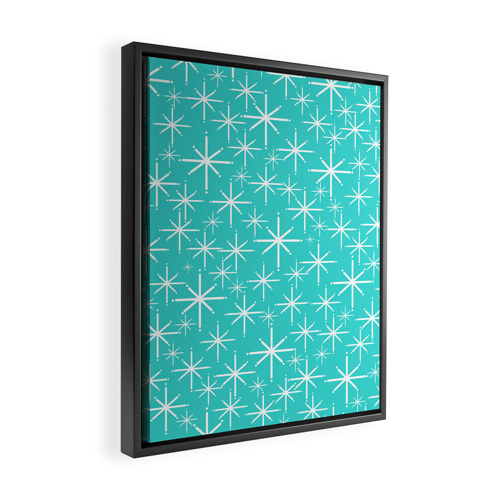 Mid Century Modern Twinkling Starburst Pattern in Robins Egg Turquoise Blue and White Framed Canvas Print Gallery Image 2