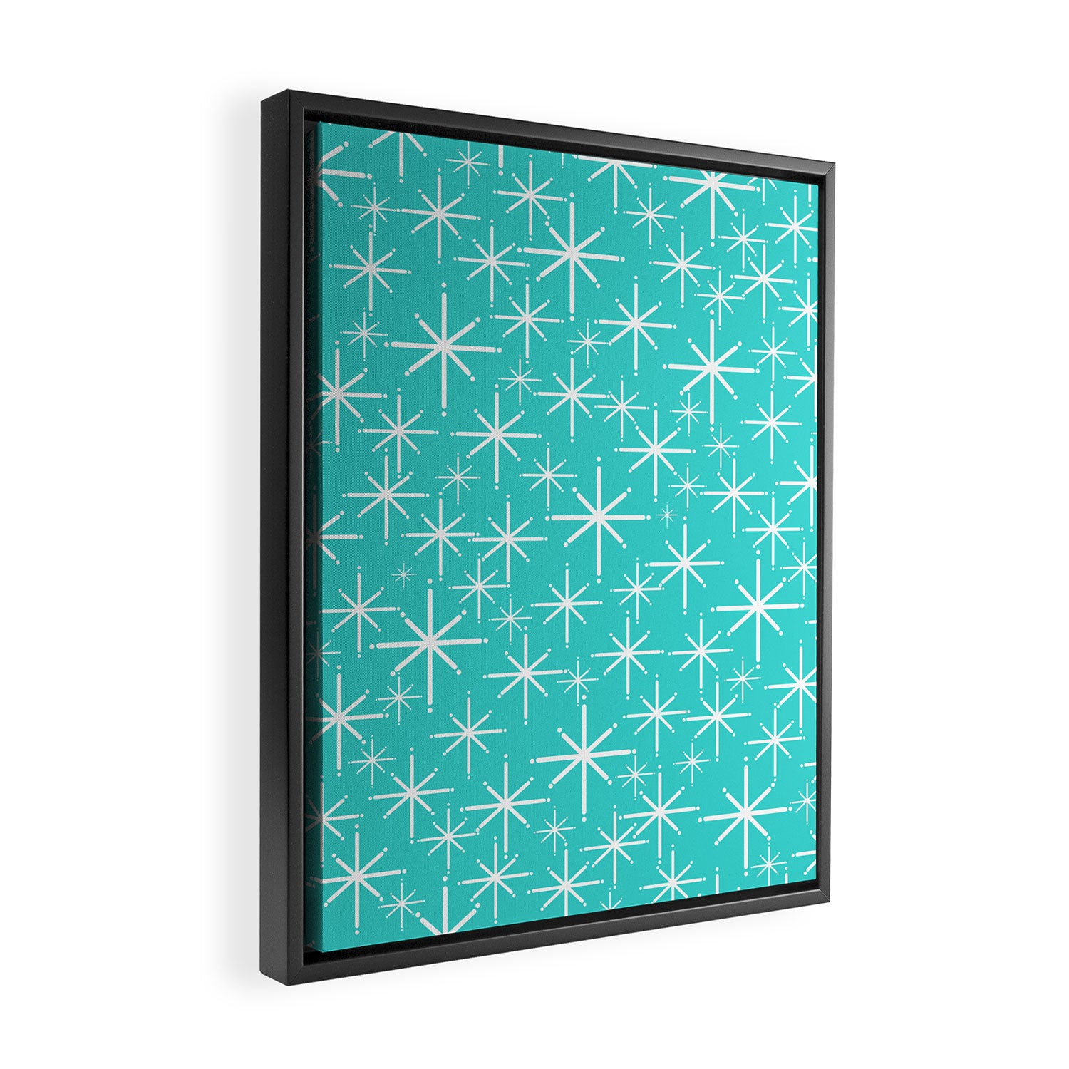 Mid Century Modern Twinkling Starburst Pattern in Robins Egg Turquoise Blue and White Framed Canvas Print Gallery Image 2