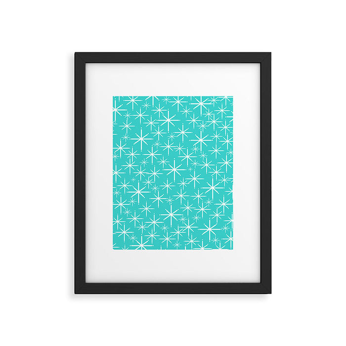 Mid Century Modern Twinkling Starburst Pattern in Robins Egg Turquoise Blue and White Framed Art Print Gallery Image 1