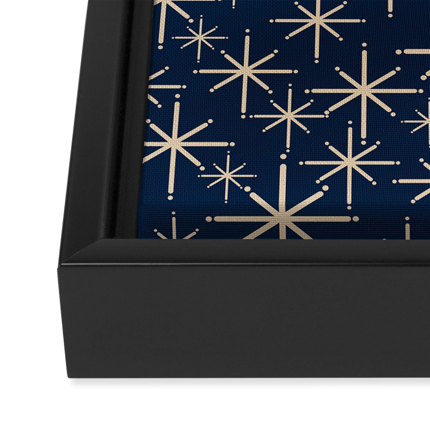 Mid Century Modern Twinkling Starburst Retro Atomic Pattern in Navy Blue and Beige  Framed Canvas Print Gallery Image 3