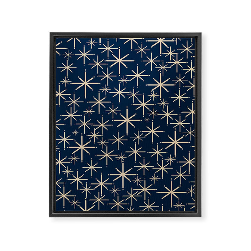Mid Century Modern Twinkling Starburst Retro Atomic Pattern in Navy Blue and Beige  Framed Canvas Print Gallery Image 8