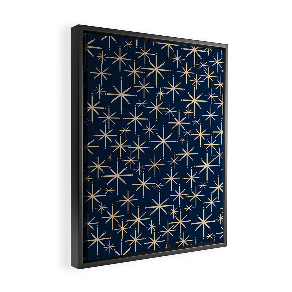 Mid Century Modern Twinkling Starburst Retro Atomic Pattern in Navy Blue and Beige  Framed Canvas Print Gallery Image 2
