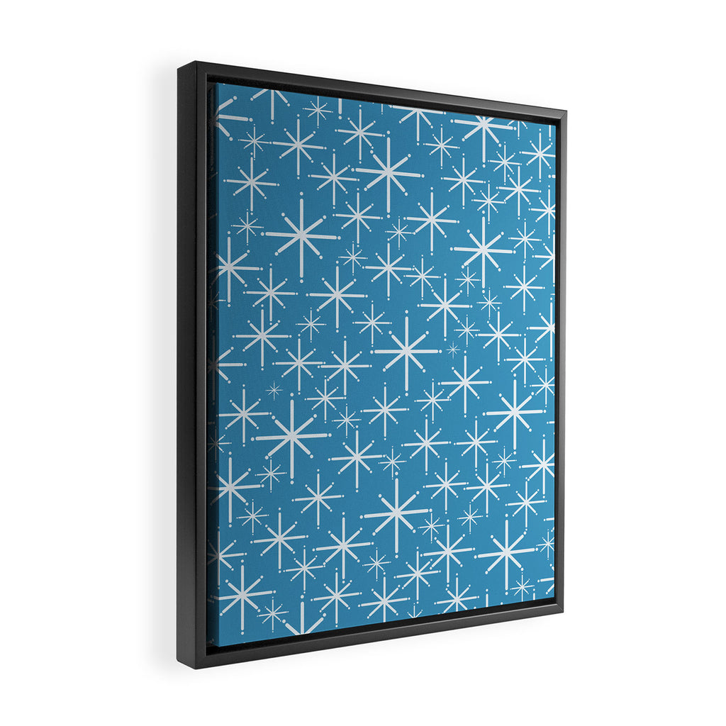 Mid Century Modern Twinkling Stars Retro Atomic Pattern in Middle Blue Framed Canvas Print Gallery Image 2