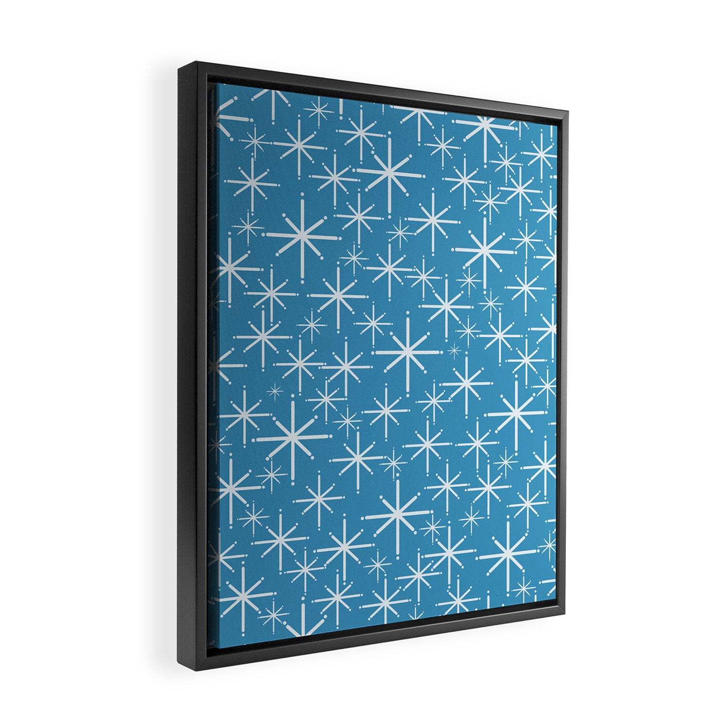 Mid Century Modern Twinkling Stars Retro Atomic Pattern in Middle Blue Framed Canvas Print Gallery Image 2