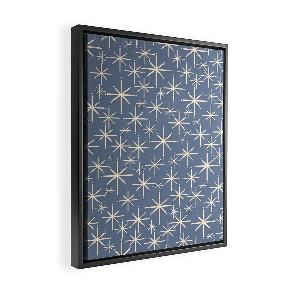 Mid Century Modern Twinkling Stars Retro Atomic Pattern in Stone Blue and Cream Framed Canvas Print Gallery Image 2