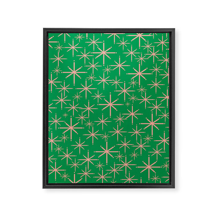 Mid Century Modern Twinkling Stars Retro Atomic Pattern Pink and Green Framed Canvas Print Gallery Image 1
