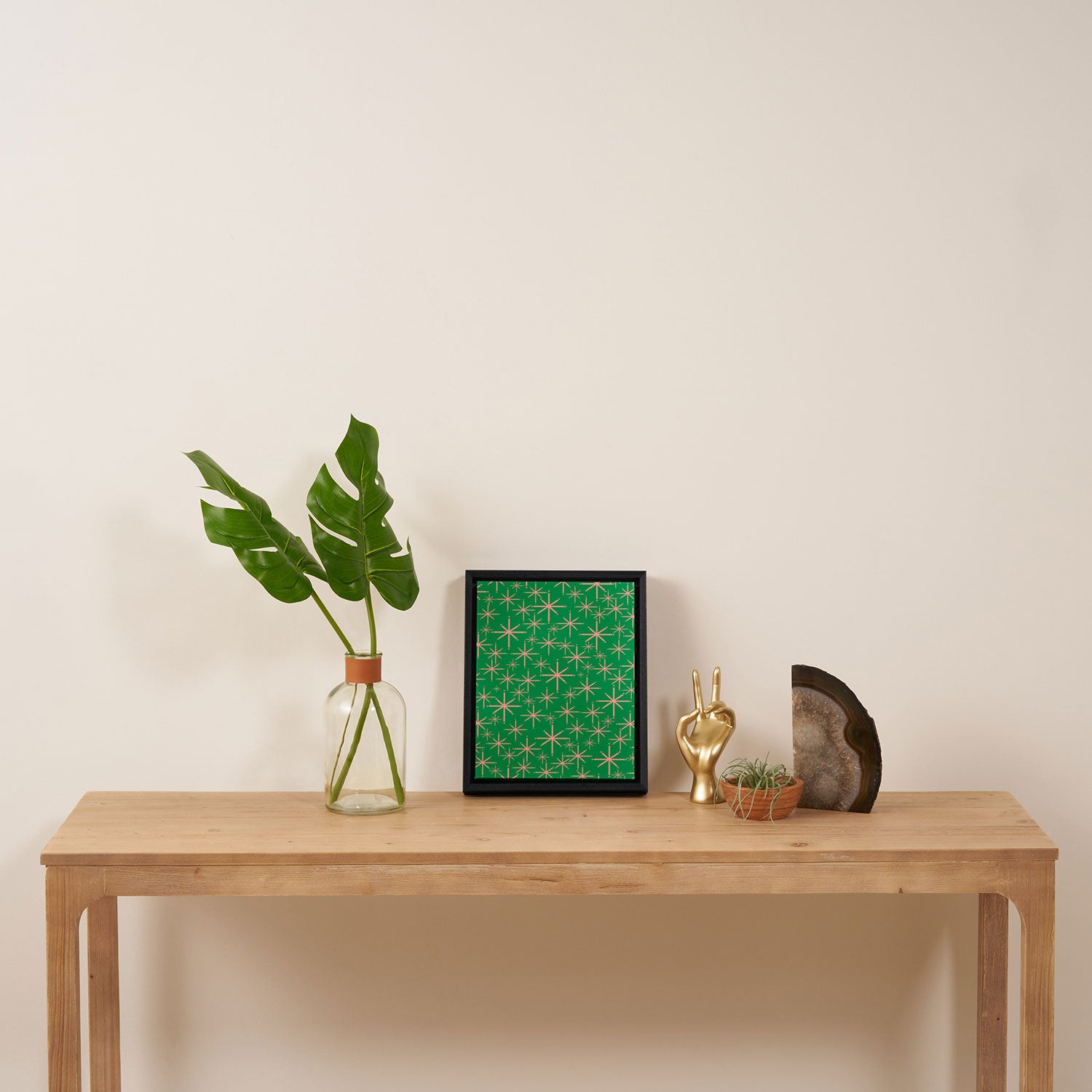 Mid Century Modern Twinkling Stars Retro Atomic Pattern Pink and Green Framed Canvas Print Gallery Image 4