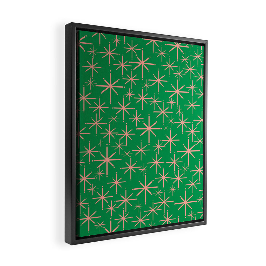 Mid Century Modern Twinkling Stars Retro Atomic Pattern Pink and Green Framed Canvas Print Gallery Image 2