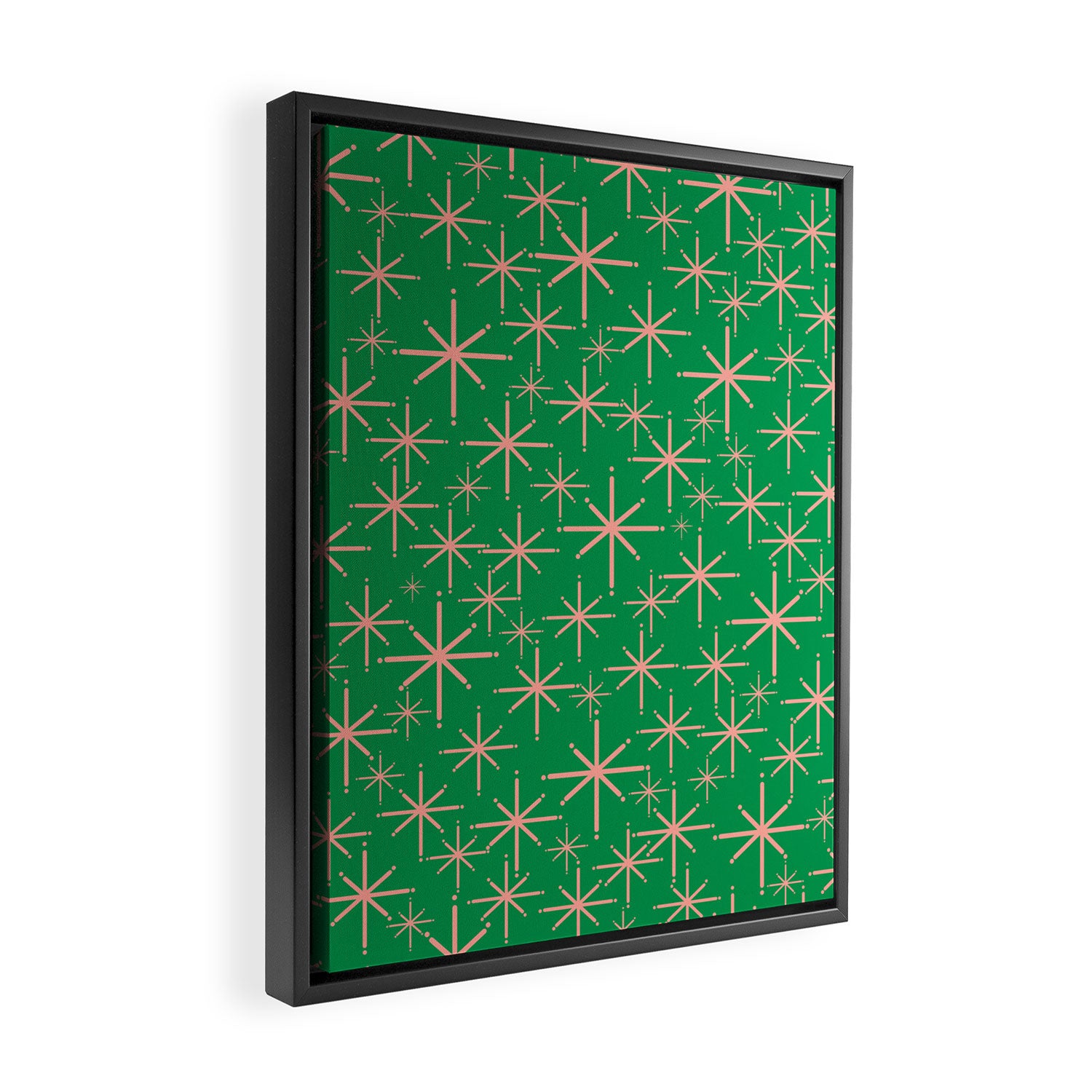 Mid Century Modern Twinkling Stars Retro Atomic Pattern Pink and Green Framed Canvas Print Gallery Image 2