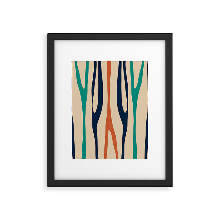 Mid Century Modern Wild Stripes Minimal Abstract Pattern Teal Navy Blue Burnt Orange Framed Art Print Gallery Image 1