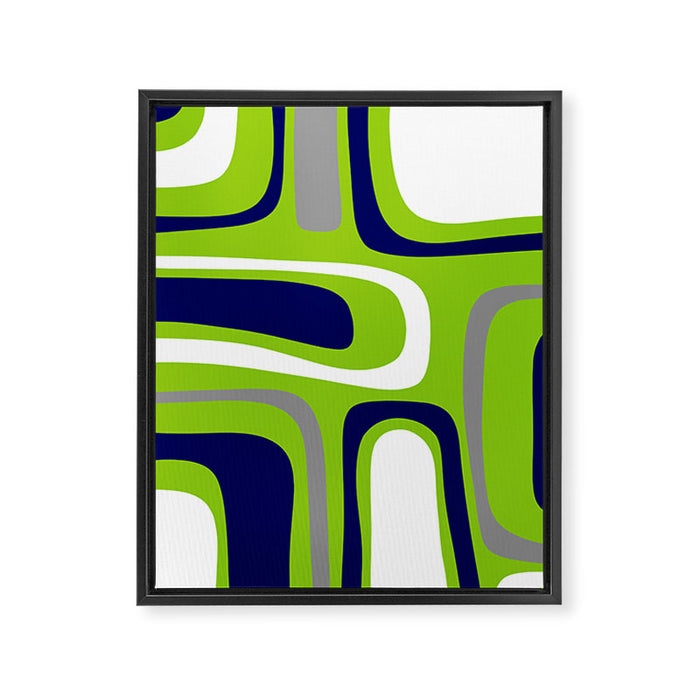 Midcentury Modern Abstract Lime Green Palm Springs Pattern with Navy Blue, Gray, and White Framed Canvas Print Gallery Image 1