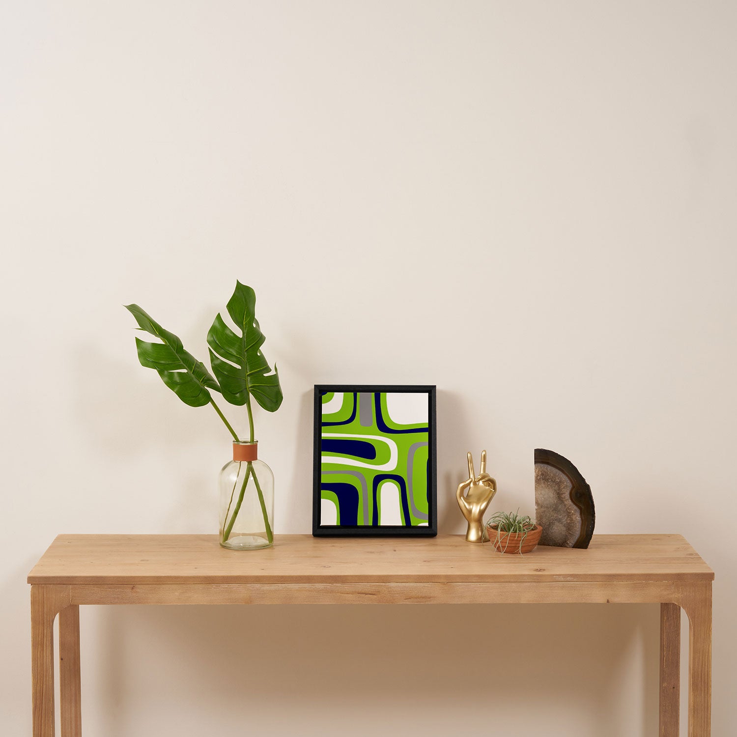 Midcentury Modern Abstract Lime Green Palm Springs Pattern with Navy Blue, Gray, and White Framed Canvas Print Gallery Image 4