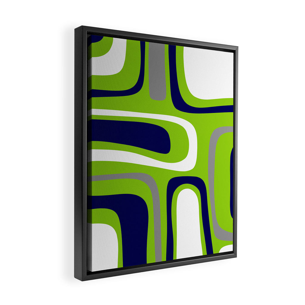 Midcentury Modern Abstract Lime Green Palm Springs Pattern with Navy Blue, Gray, and White Framed Canvas Print Gallery Image 2