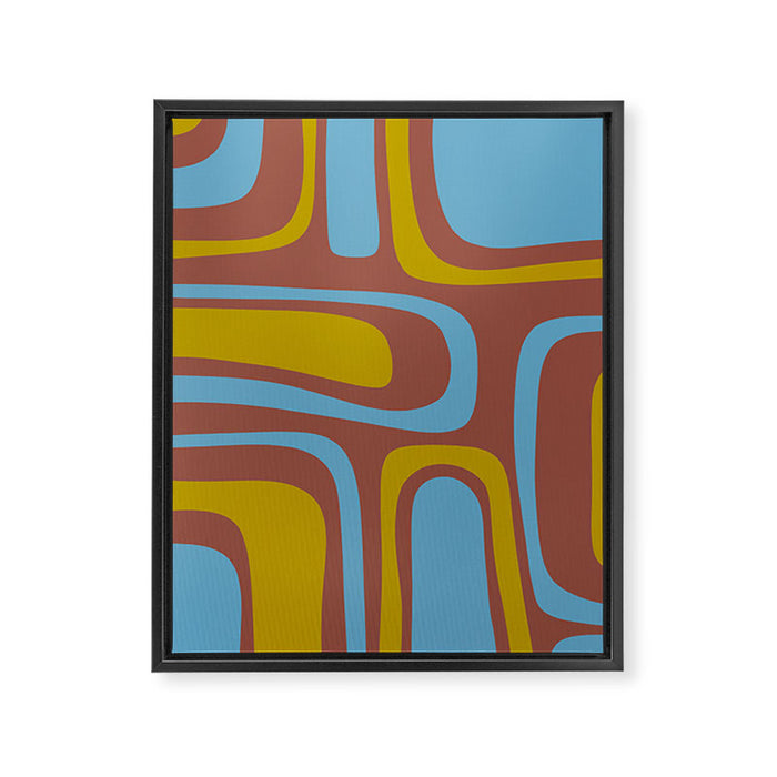 Mid-Century Modern Abstract Palm Springs Eclectic Pattern in Brown Blue Chartreuse Framed Canvas Print Gallery Image 1