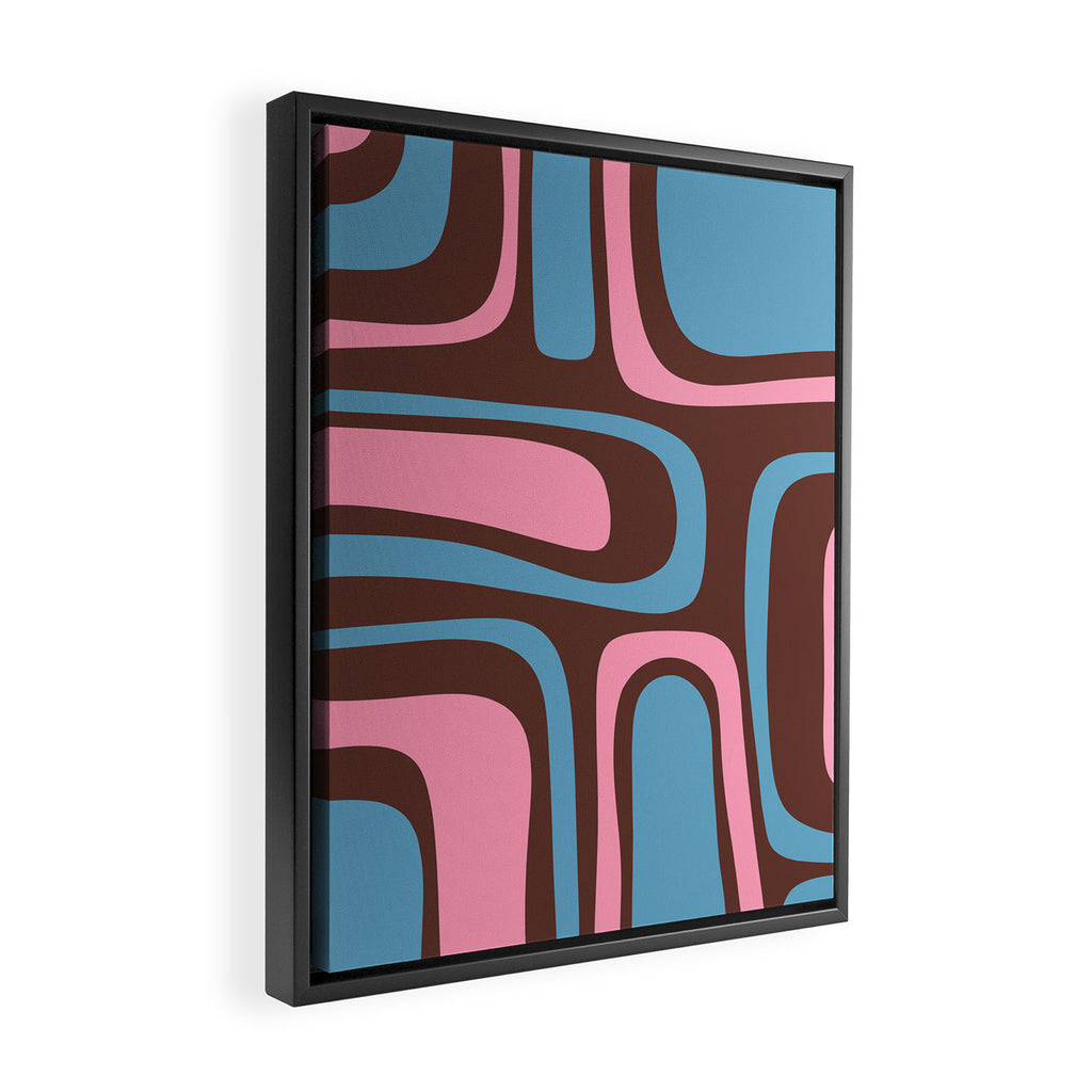 Mid-Century Modern Abstract Palm Springs Eclectic Pattern in Pink Brown Light Blue Framed Canvas Print Gallery Image 2