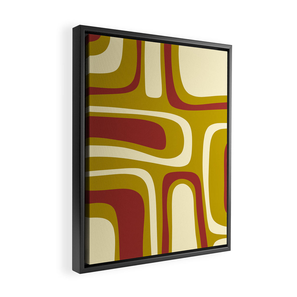 Mid-Century Modern Abstract Palm Springs Pattern in Chartreuse Maroon Cream Framed Canvas Print Gallery Image 2