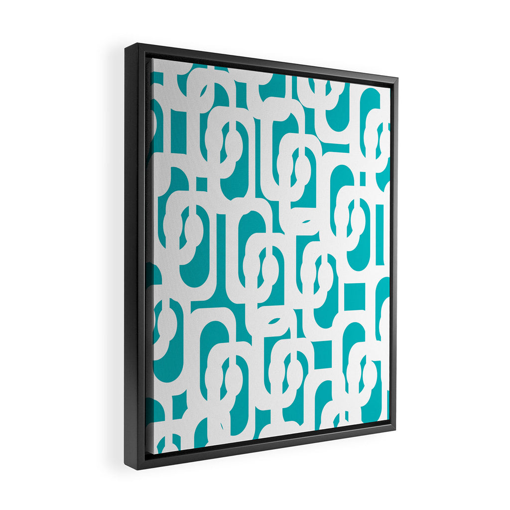 Mid-century Modern Abstract Turquoise and White Loop Pattern Framed Canvas Print Gallery Image 2