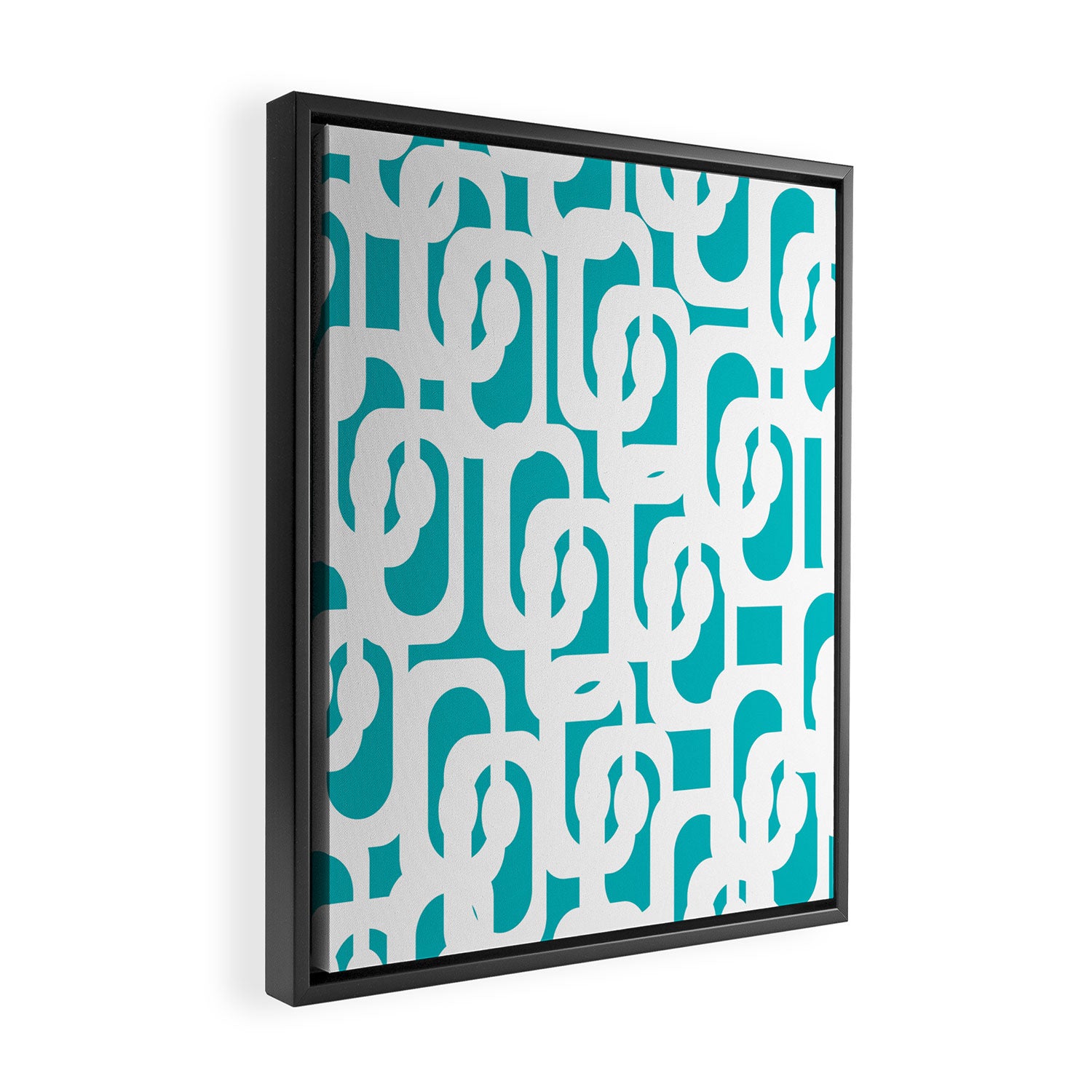 Mid-century Modern Abstract Turquoise and White Loop Pattern Framed Canvas Print Gallery Image 2