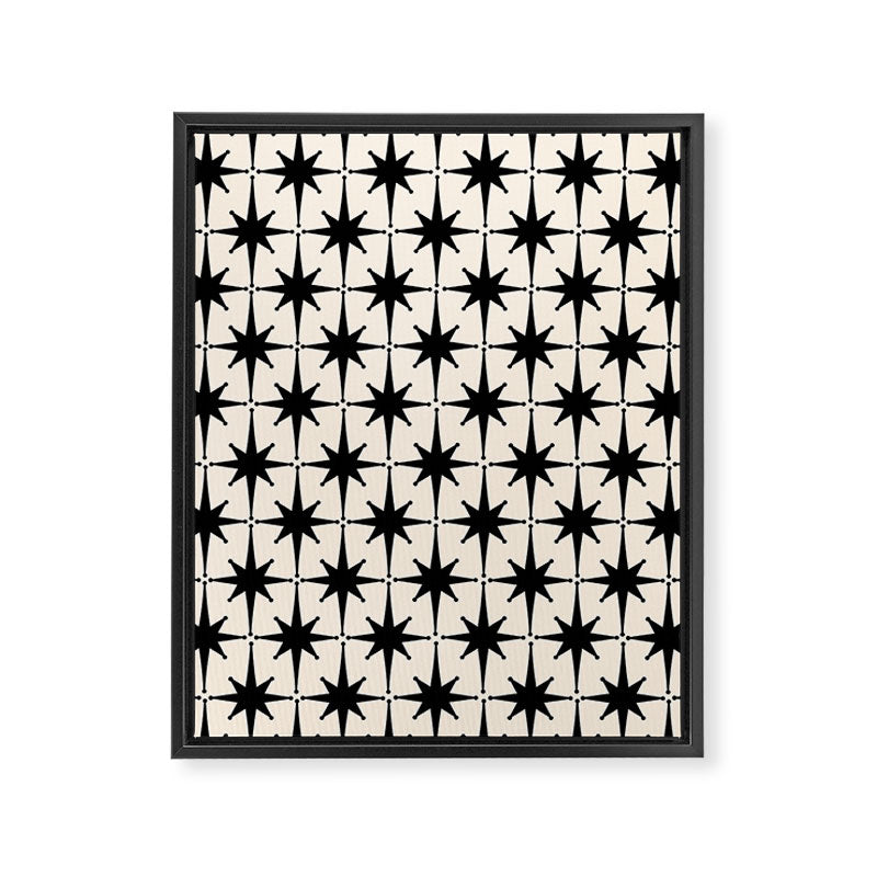 Midcentury Modern Atomic Age Starburst Pattern in Black and Almond Cream Framed Canvas Print Gallery Image 6