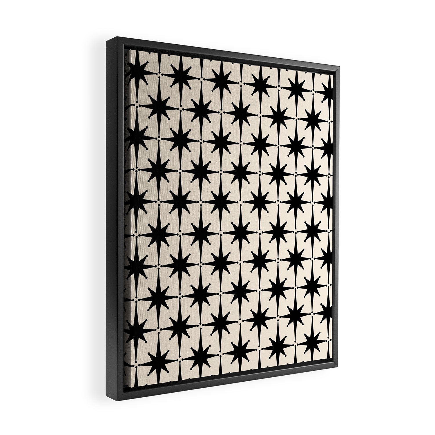 Midcentury Modern Atomic Age Starburst Pattern in Black and Almond Cream Framed Canvas Print Gallery Image 2