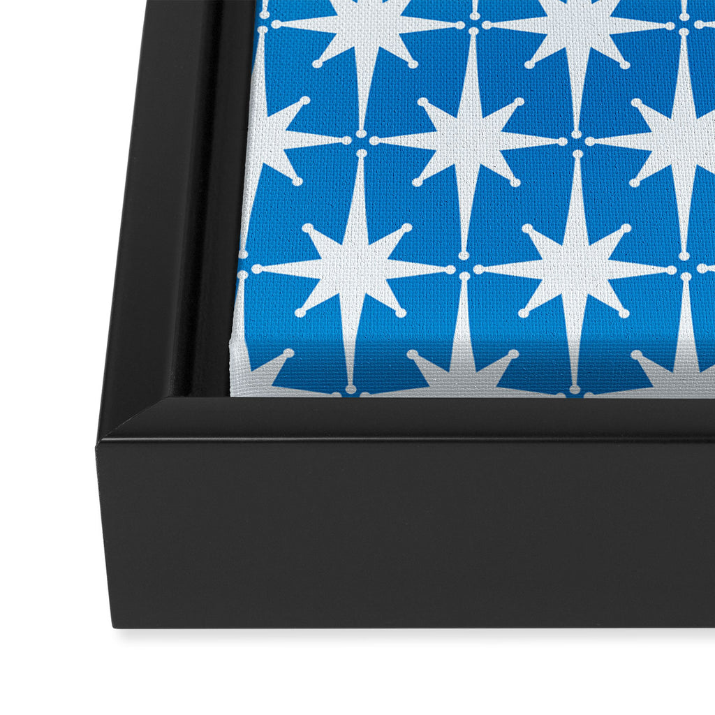 Midcentury Modern Atomic Age Starburst Pattern in Blue Framed Canvas Print Gallery Image 3