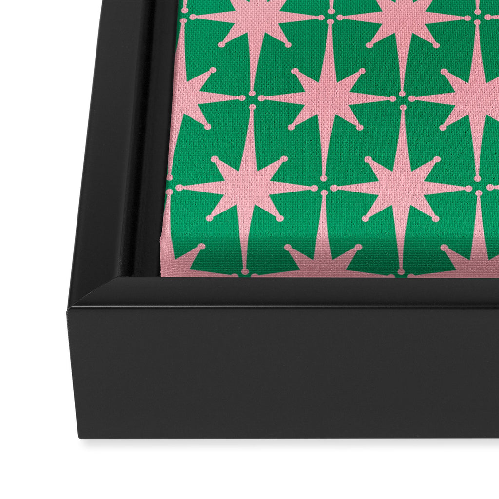 Midcentury Modern Atomic Age Starburst Pattern in Pink and Christmas Green Framed Canvas Print Gallery Image 3
