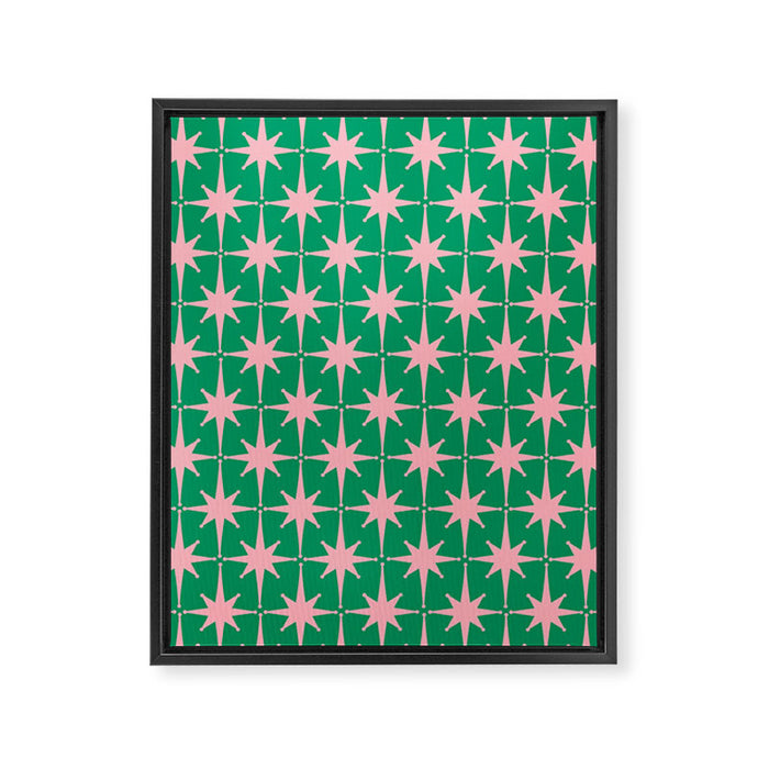 Midcentury Modern Atomic Age Starburst Pattern in Pink and Christmas Green Framed Canvas Print Gallery Image 1
