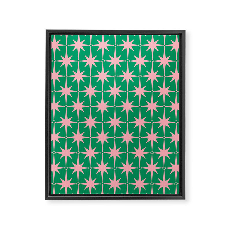Midcentury Modern Atomic Age Starburst Pattern in Pink and Christmas Green Framed Canvas Print Gallery Image 6