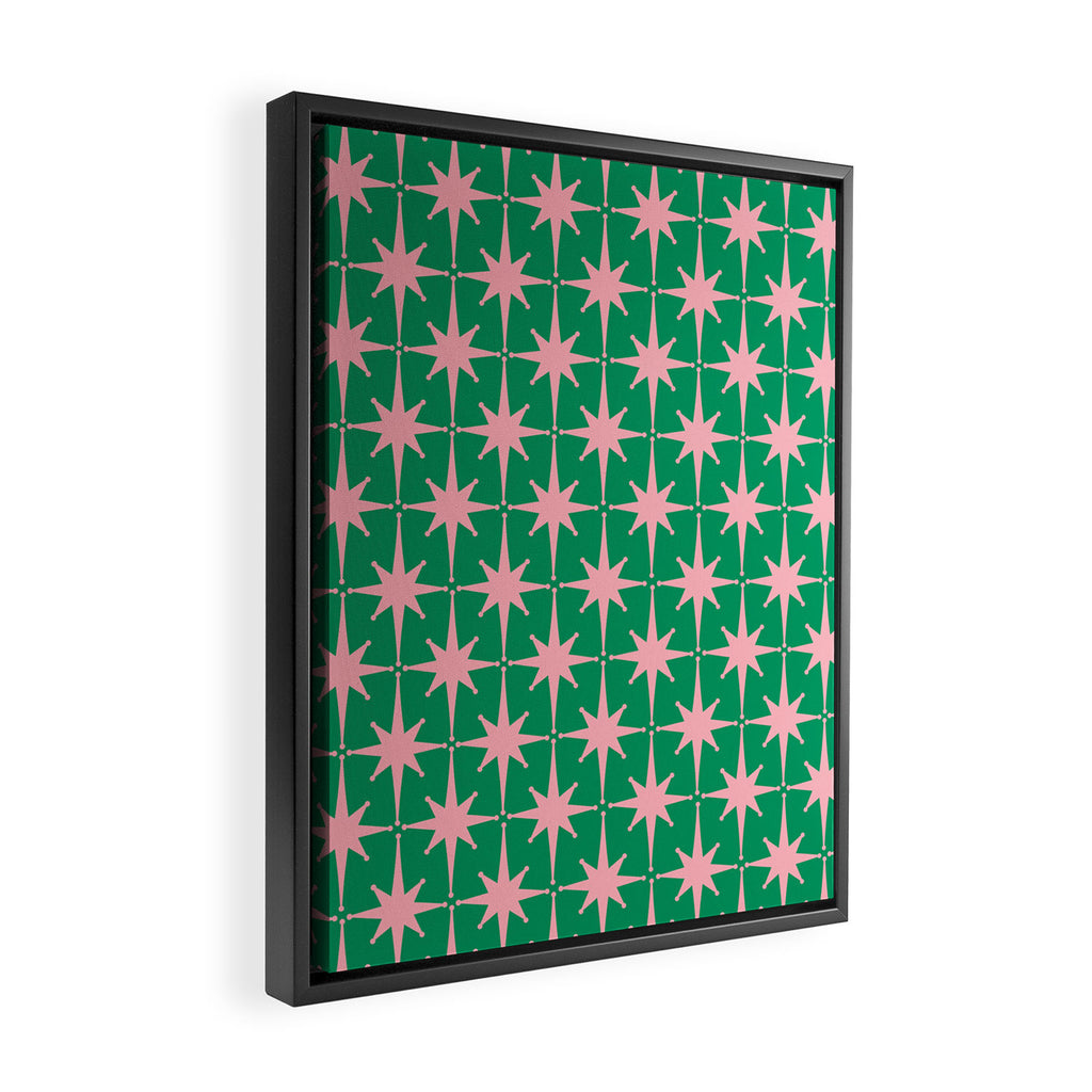Midcentury Modern Atomic Age Starburst Pattern in Pink and Christmas Green Framed Canvas Print Gallery Image 2