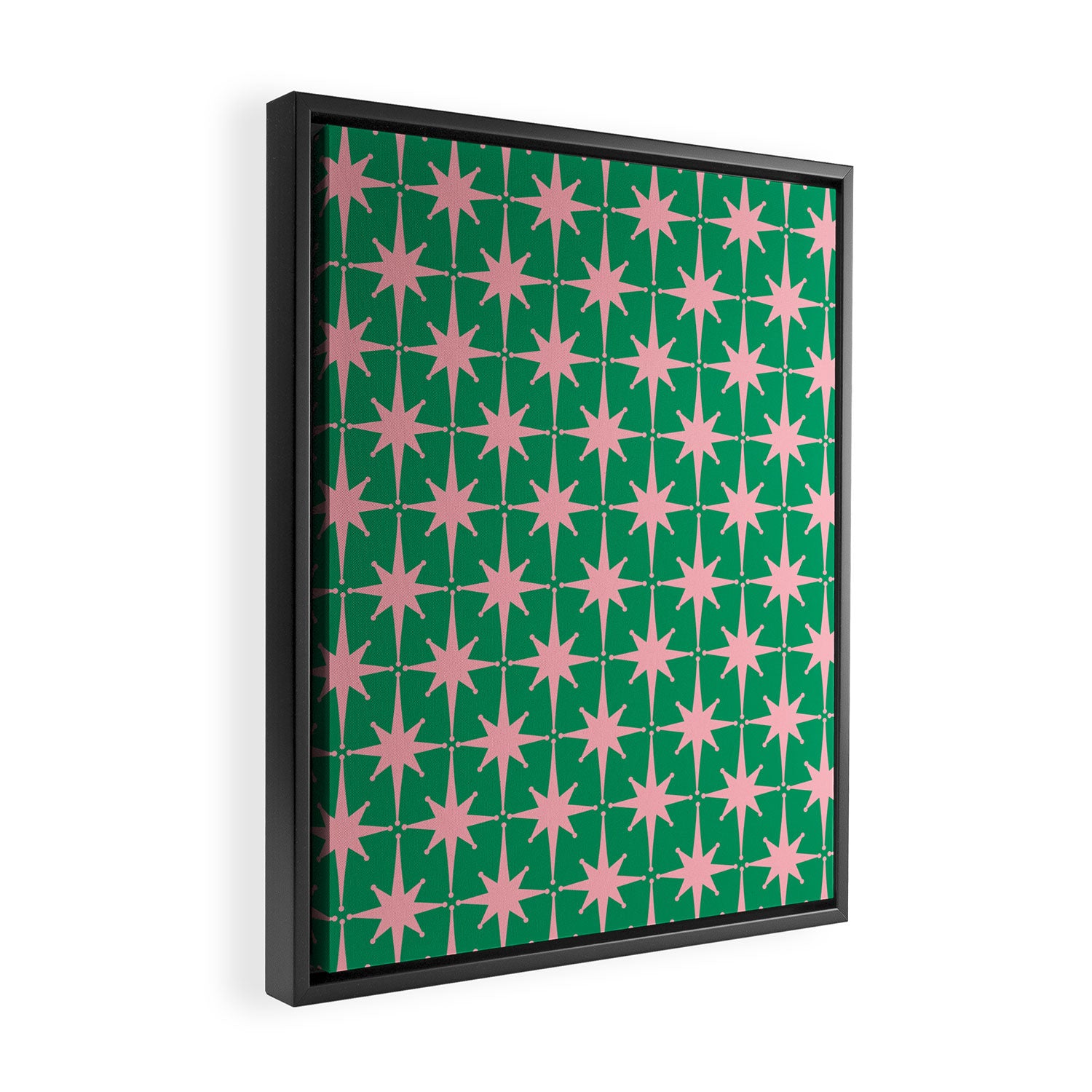 Midcentury Modern Atomic Age Starburst Pattern in Pink and Christmas Green Framed Canvas Print Gallery Image 2