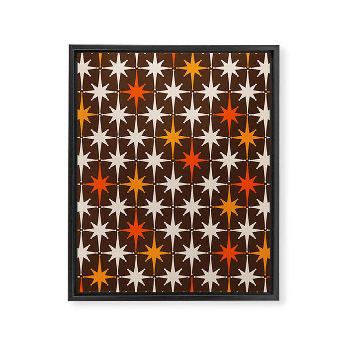 Midcentury Modern Atomic Age Starburst Pattern in Retro 70s Brown Orange Beige Framed Canvas Print Gallery Image 1