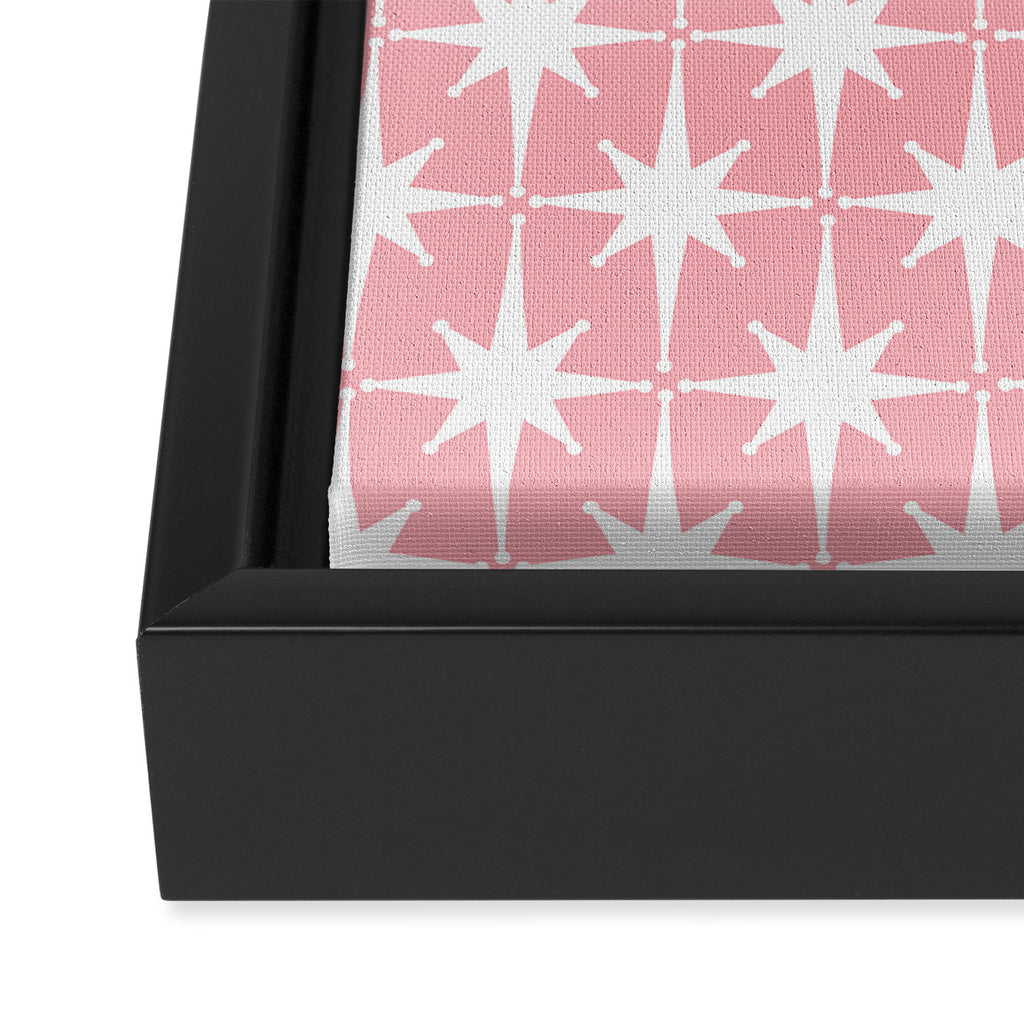 Midcentury Modern Atomic Age Starburst Pattern in White and Pink Framed Canvas Print Gallery Image 3