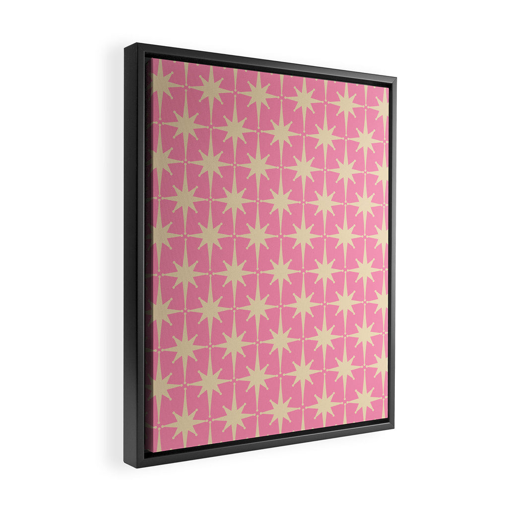 Midcentury Modern Atomic Age Starburst Star Pattern in Pink and Cream Framed Canvas Print Gallery Image 2