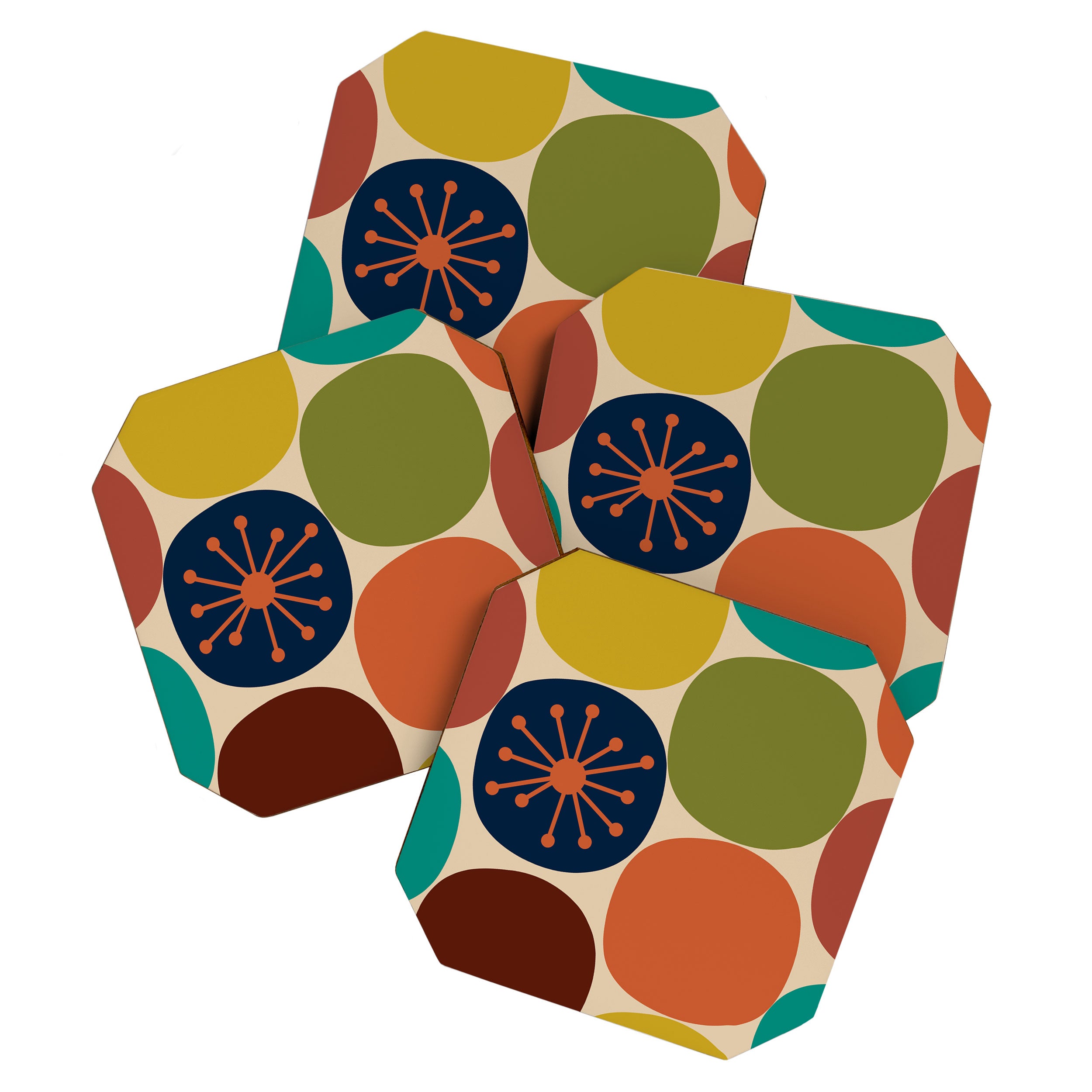 Midcentury Modern Atomic Dot Semi Pattern in Mustard, Olive, Orange, Turquoise, Blue, and Beige Coaster Gallery Image 1