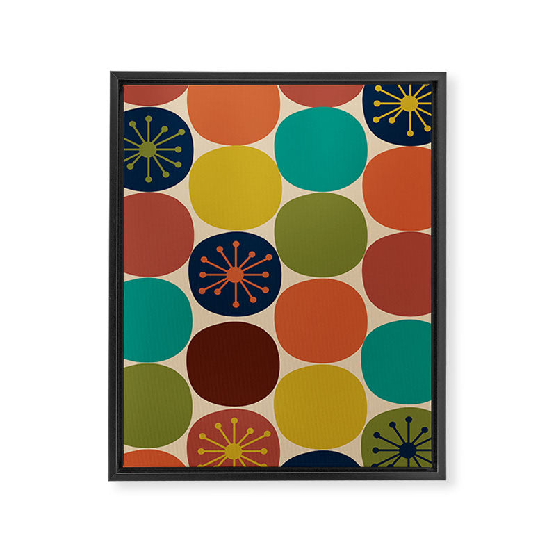Midcentury Modern Atomic Dot Semi Pattern in Mustard, Olive, Orange, Turquoise, Blue, and Beige Framed Canvas Print Gallery Image 6