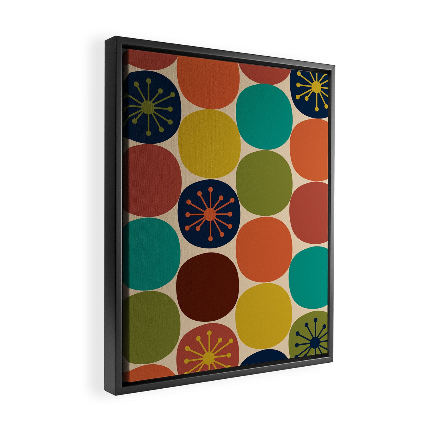 Midcentury Modern Atomic Dot Semi Pattern in Mustard, Olive, Orange, Turquoise, Blue, and Beige Framed Canvas Print Gallery Image 2