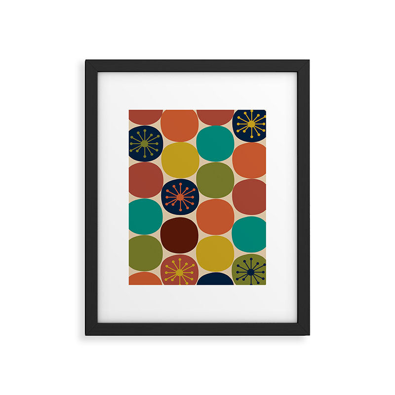 Midcentury Modern Atomic Dot Semi Pattern in Mustard, Olive, Orange, Turquoise, Blue, and Beige Framed Art Print Gallery Image 5