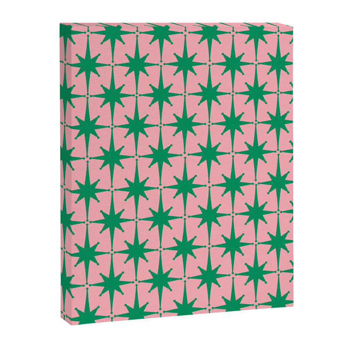 Midcentury Modern Atomic Age Starburst Pattern in Christmas Green and Pink Canvas Print Gallery Image 1