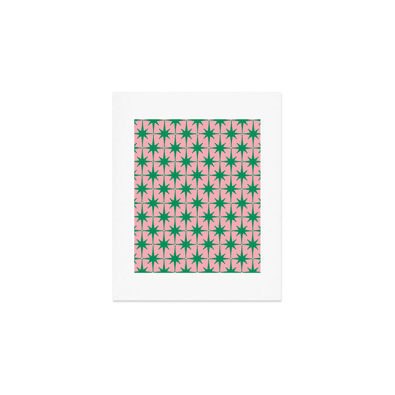 Midcentury Modern Atomic Age Starburst Pattern in Christmas Green and Pink Art Print Gallery Image 1
