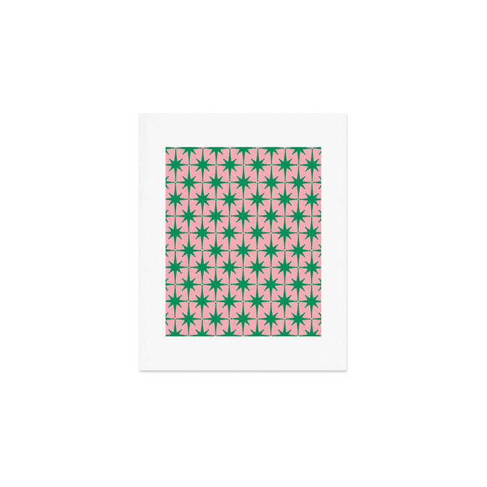 Midcentury Modern Atomic Age Starburst Pattern in Christmas Green and Pink Art Print Gallery Image 1