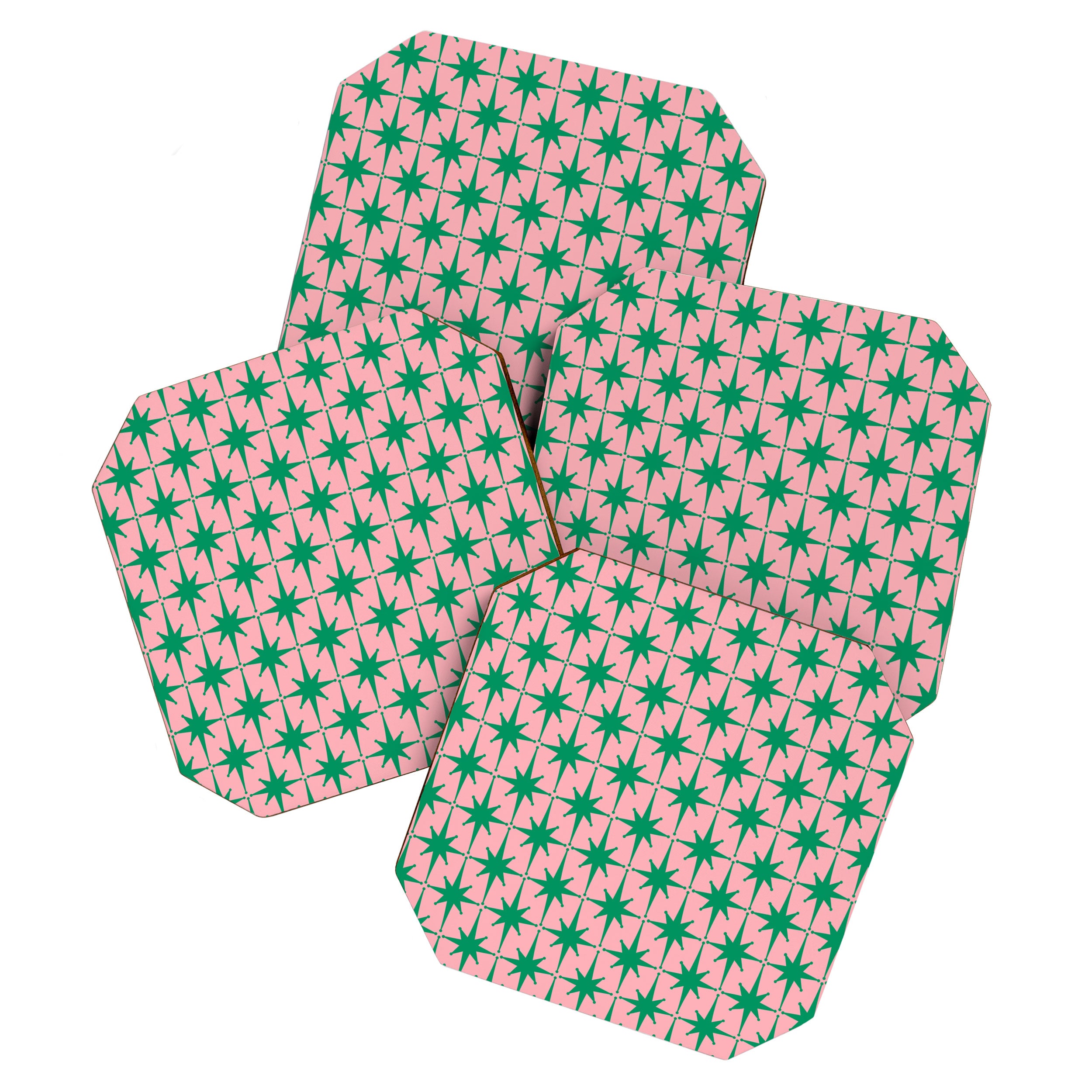 Midcentury Modern Atomic Age Starburst Pattern in Christmas Green and Pink Coaster Gallery Image 1