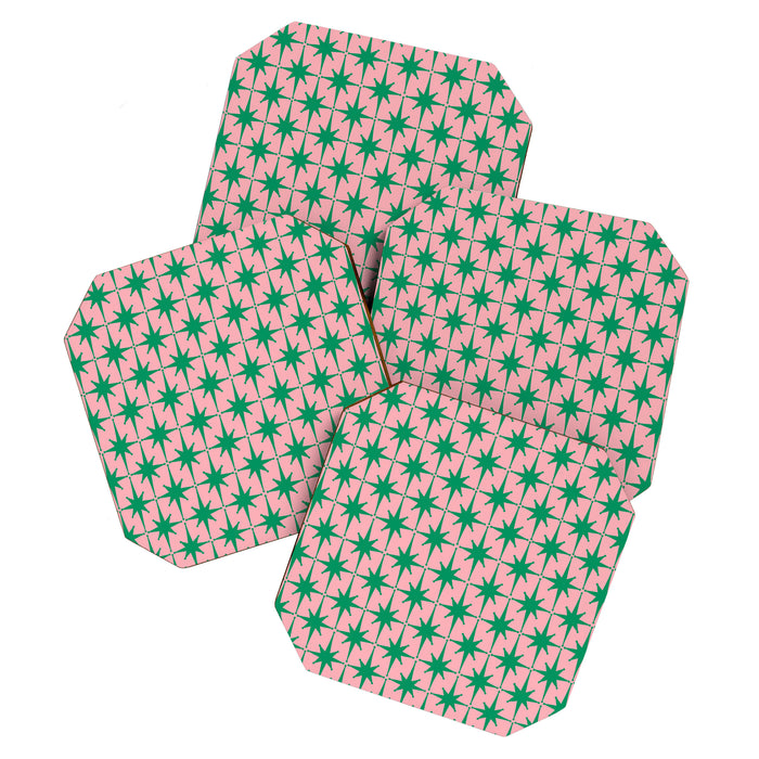 Midcentury Modern Atomic Age Starburst Pattern in Christmas Green and Pink Coaster Gallery Image 1