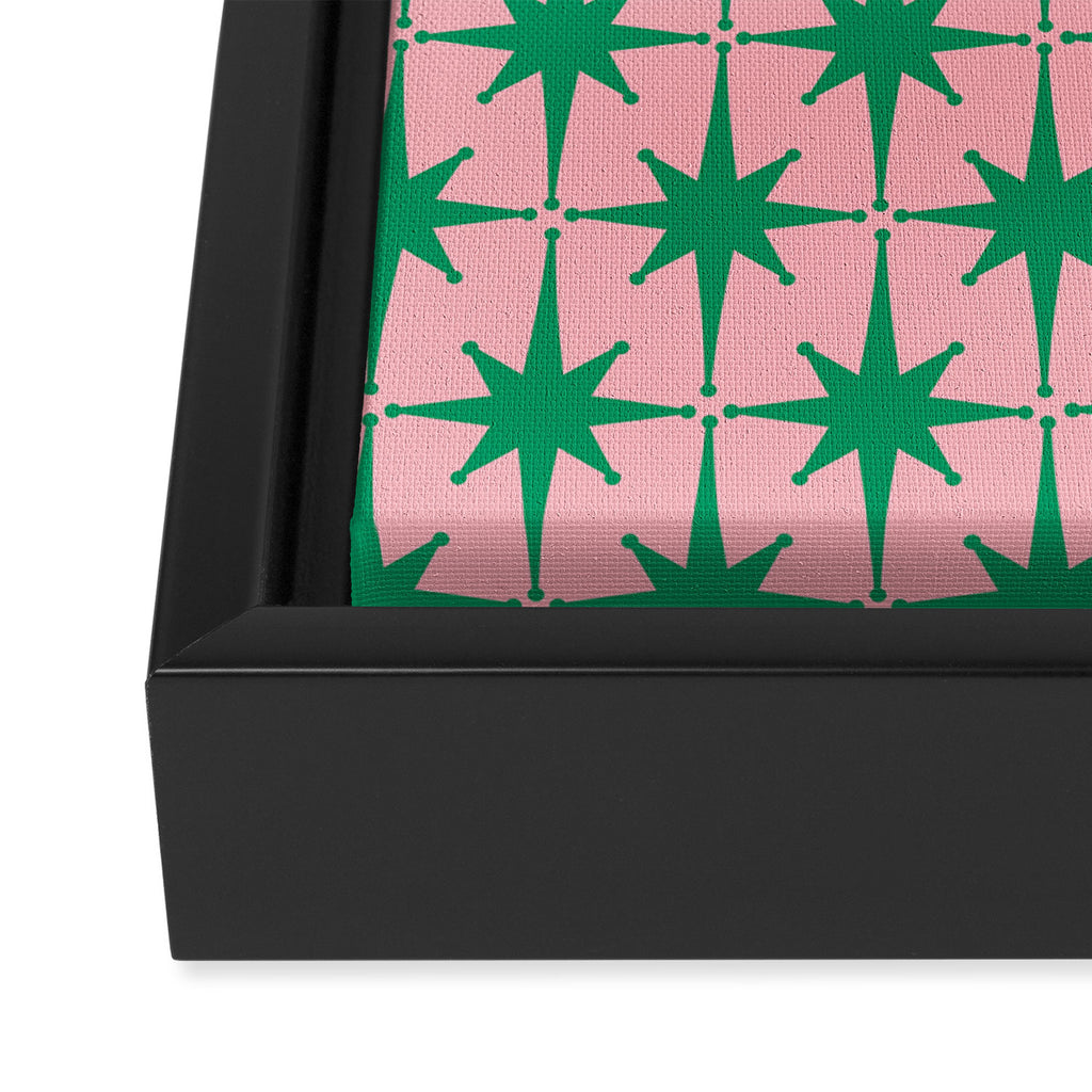 Midcentury Modern Atomic Age Starburst Pattern in Christmas Green and Pink Framed Canvas Print Gallery Image 3