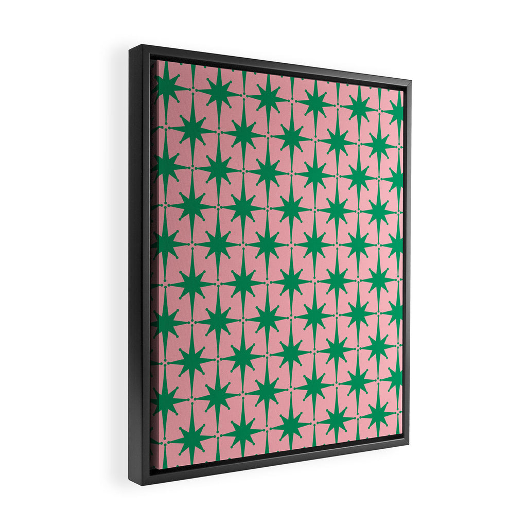 Midcentury Modern Atomic Age Starburst Pattern in Christmas Green and Pink Framed Canvas Print Gallery Image 2