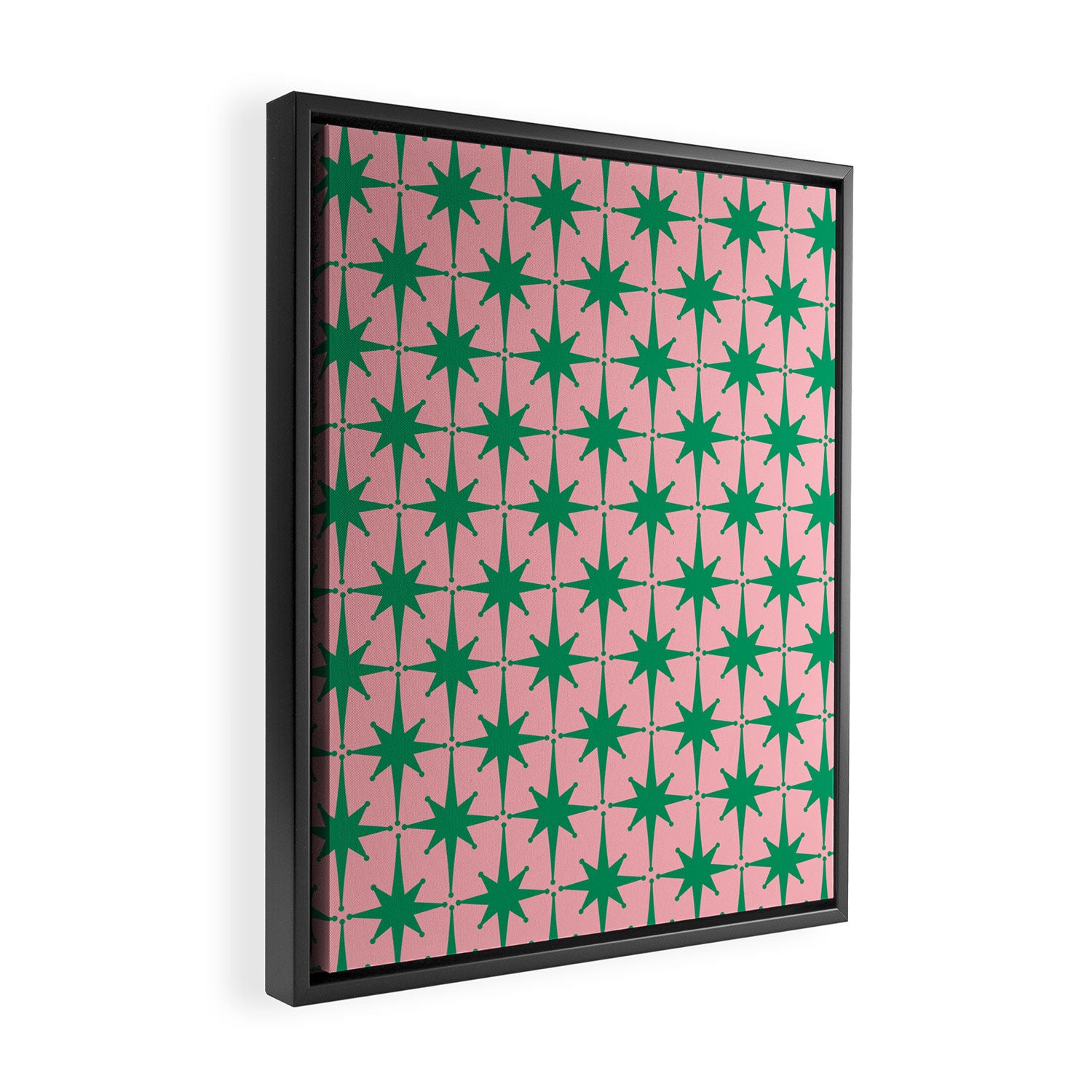 Midcentury Modern Atomic Age Starburst Pattern in Christmas Green and Pink Framed Canvas Print Gallery Image 2