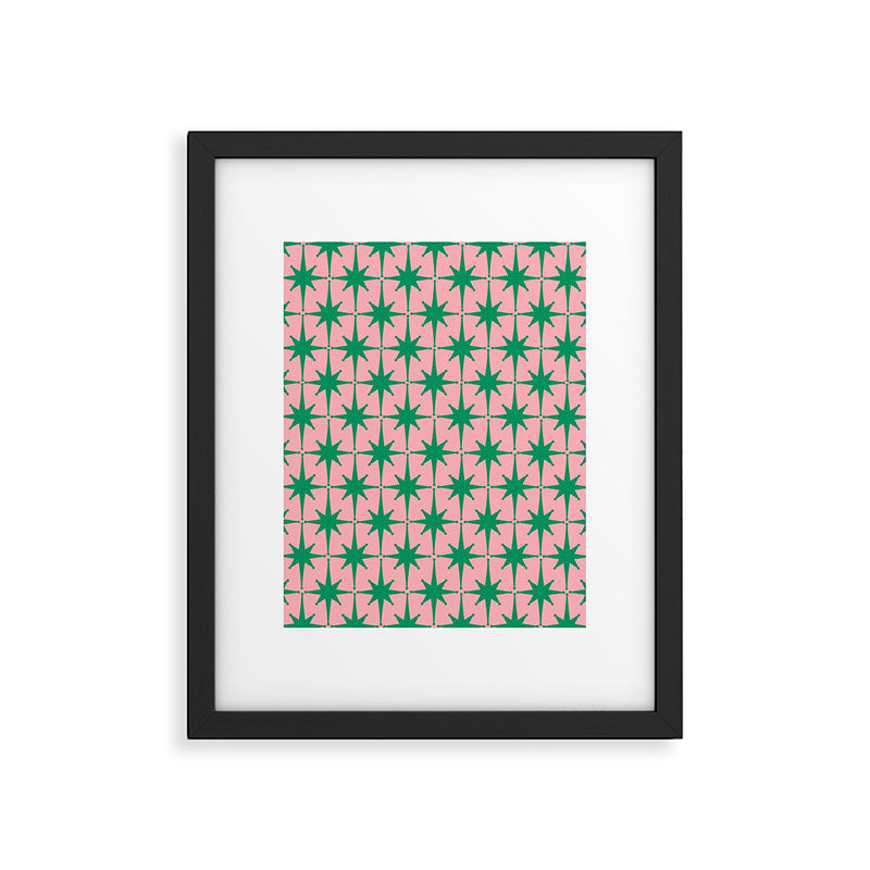 Midcentury Modern Atomic Age Starburst Pattern in Christmas Green and Pink Framed Art Print Gallery Image 4